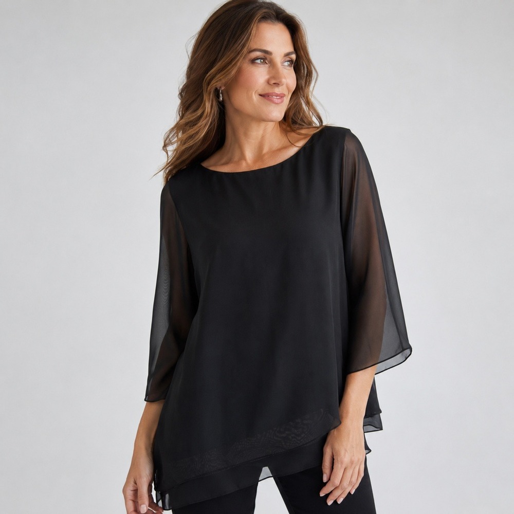 Womens Black Chiffon Overlay Tunic‎ Top Sz 12 Elegant Asymmetrical Sheer Sleeve